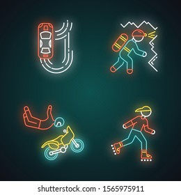 Extreme sports neon light icons set. Auto racing. Drifting car. Spelunking. Motorcycle stunt riding. Freestyle motocross. Inline skating, rollerblading. Glowing signs. Vector isolated illustrations