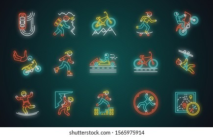 Extreme sports neon light icons set. Climbing, mountaineering. Spelunking. Cycling, rollerskating. Motorcar racing. Street culture. Orienteering skill. Glowing signs. Vector isolated illustrations
