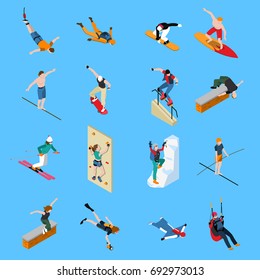 Extreme Sports People Isometric Set With Diving Skateboarding Paragliding Skiing Surfing On Blue Background Isolated Vector Illustration