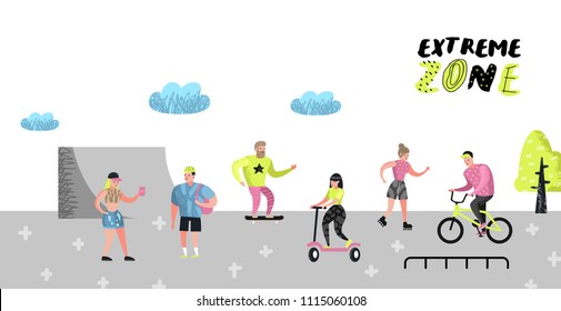 Extreme Sports Poster, Banner, Brochure. Teenager Skateboarding, Man on Bicycle, Girl Rolling. Active Characters People Playing Outdoor. Vector illustration