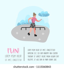 Extreme Sports Poster, Banner, Brochure. Teenager Woman Roller Skating. Active Characters People Outdoor. Vector illustration