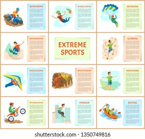 Extreme sports poster with text, wall climbing and rafting in boat, skateboarding and highlining balancing on line, bungee jumping and hang gliding