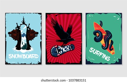 Extreme sports posters collection. Snowboard, skateboard and surfing. Grunge style.