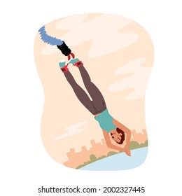 Extreme Sports And Recreation Concept. Happy Brave Female Character Jumping With Bungee From Bridge Or High Tower. Young Fearless Woman Enjoying Xtreme Rope Jump. Cartoon People Vector Illustration