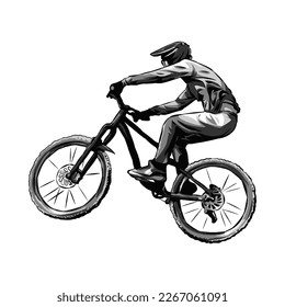Extreme sports rider, BMX biker, Downhill, race, cyclist. monochrome. Perfect for the bicycle community for T -shirt, Sticker, Print, etc. Hand drawn Vector Illustration.
