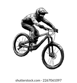 Extreme sports rider, BMX biker, Downhill, race, cyclist. monochrome. Perfect for the bicycle community for T -shirt, Sticker, Print, etc. Hand drawn Vector Illustration.