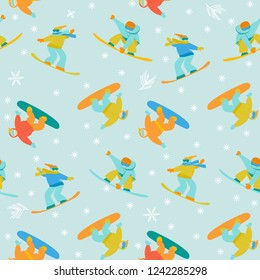 Extreme sports seamless pattern. Snowboarders vector illustration. Winter seasonal symbols. Christmas holiday vacation outdoor people sport men activity wallpapers.