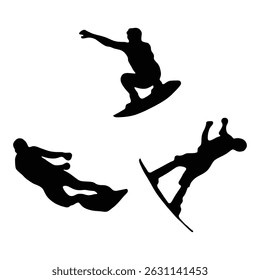 Extreme Sports Silhouette Vector, Surfing, Snowboarding, and Skydiving Icons.