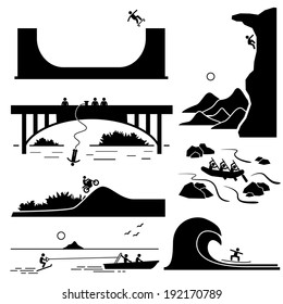 Extreme Sports - Skateboarding, Rock Climbing, Bungee Jumping, Motocross, White Water Rafting, Skurfing, Surfing - Stick Figure Pictogram Icons Cliparts