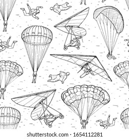 Extreme sports sketch seamless vector pattern. People performing parachuting, hang glider, wingsuit flying and free fall. Parachuting sport. Black line isolated on white.