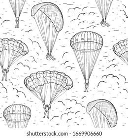 Extreme sports sketch seamless vector pattern. Hand drawn skydivers flying with a paraglider and parachute. Design for textile print, page fill, wrapping paper, web. Black line isolated on white