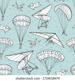 Extreme sports sketch seamless vector pattern on blue background. People performing parachuting, hang glider, wingsuit flying and free fall. Parachuting sport. For textile print, page fill, wrapping