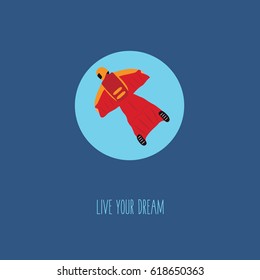 extreme sports & skydiving & text live your dream flat design blue background & simple lifestyle. modern Wing suit flying jumping down. one single parachuting vector illustration in a rounded circle