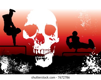 extreme sports sunset background overlayed with a skull and ink dots