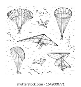 Extreme sports vector set. Sketch. People performing parachuting, hang glider, wingsuit flying and free fall. Parachuting sport. Black line isolated on white