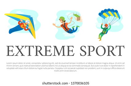 Extreme Sports Vector, Skydiving Male And Bungee Jumping Woman, Poster With Text Sample. Hobby Of People, Hang Gliding, Special Equipment Of Person