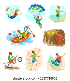 Extreme sports vector, speleotourism man in cave with flashlight, bungee jumping woman and highlining. Skydiving and wall climbing, skateboarding biking