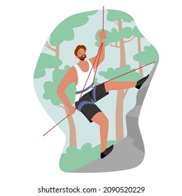 Extreme Sportsman Climb Mountain with Rope. Man Climbing Isolated on White Background. Male Character Sport Weekend in Adventure Park, Tough and Healthy Discipline. Cartoon People Vector Illustration