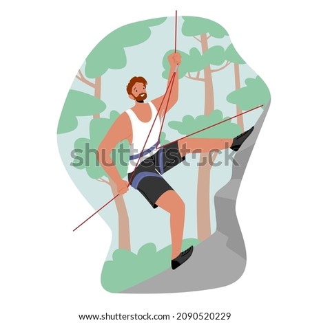 Extreme Sportsman Climb Mountain with Rope. Man Climbing Isolated on White Background. Male Character Sport Weekend in Adventure Park, Tough and Healthy Discipline. Cartoon People Vector Illustration
