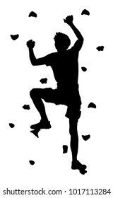 Extreme Sportsman Climb Without Rope. Man Climbing Vector Silhouette Illustration, Isolated On Background. Sport Weekend Action In Adventure Park. Rock Wall For Fun. Tough And Healthy Discipline.