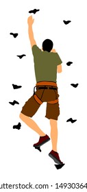 Extreme sportsman climb without rope. Man climbing vector illustration, isolated on background. Sport weekend action in adventure park. Rock wall for fun. Tough and healthy discipline. Climbers skills
