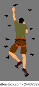 Extreme sportsman climb without rope. Man climbing vector illustration isolated on background. Sport weekend action in adventure park. Rock wall for fun. Tough healthy discipline. Climbers boy skills.