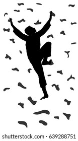Extreme sportsman climb without rope. Man climbing vector silhouette illustration, isolated on background. Sport weekend action in adventure park. Rock wall for fun. Tough and healthy discipline.