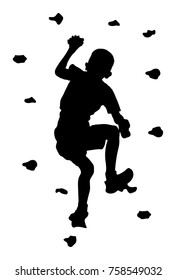 Extreme sportsman climb without rope. Boy climbing vector silhouette illustration, isolated on background. Sport weekend action in adventure park. Rock wall for fun. Tough and healthy discipline.