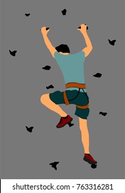 Extreme sportsman climb without rope. Man climbing vector illustration, isolated on background. Sport weekend action in adventure park. Rock wall for fun. Tough and healthy discipline.
