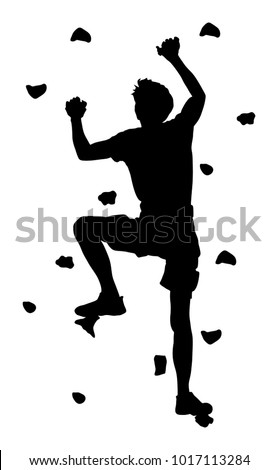 Extreme sportsman climb without rope. Man climbing vector silhouette illustration, isolated on background. Sport weekend action in adventure park. Rock wall for fun. Tough and healthy discipline.