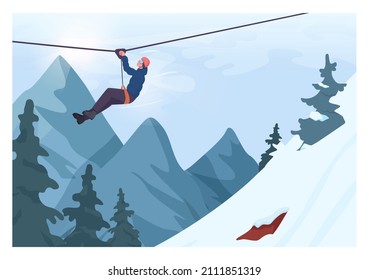 Extreme sportsman moving down with a zipline rope. Sport weekend in adventure park. Rope ladder in ski resort. Flat vector illustration