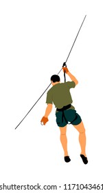 Extreme sportsman took down with rope. Man climbing vector illustration, isolated on white. Sport weekend zipline action in adventure park rope ladder. Ropeway for fun, team building. Rescue mission.