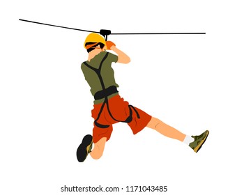 Extreme sportsman took down with rope. Man climbing vector illustration, isolated on white. Sport weekend zipline action in adventure park rope ladder. Ropeway for fun, team building. Rescue mission.