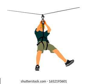 Extreme sportsman took down with rope. Man climbing vector illustration, isolated on white. Sport weekend zip line action in adventure park rope ladder. Rope way for fun, team building. Rescue mission