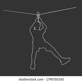 Extreme sportsman took down with rope silhouette. Man climbing vector line contour isolated on black. Sport weekend zip line action in adventure park. Rope way for fun, team building. Rescue mission