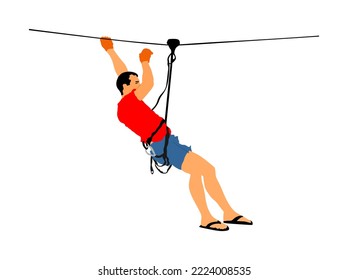 Deportista extremo derribado con cuerda. Ilustración vectorial de escalada masculina, aislada en blanco. Actividad deportiva de tirolina de fin de semana en parque de aventuras. Vías de diversión, construcción de equipos. Hombre salvavidas de misión de rescate