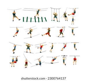 Extreme sportsman took down with rope. Man climbing vector illustration, isolated on white. Sport weekend zipline action in adventure park. Ropeway for fun, team building. Rescue mission lifeguard man svg