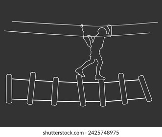 Extreme sportsman took down with rope ladders. Man climbing vector line contour isolated. Rescue mission mountain unit. Sport weekend action in adventure park. Ropeway fun team building recreation