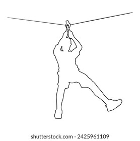 Extreme sportsman took down with rope. Man climbing vector line contour illustration, isolated. Sport weekend zipline action adventure park. Ropeway fun team building. Rescue mission lifeguard man.