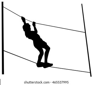Extreme sportsman took down with rope. Man climbing vector silhouette illustration, isolated. Rescue mountain unit. Sport weekend action in adventure park rope ladder. Ropeway for fun, team building.