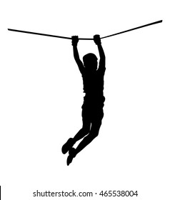 Extreme sportsman took down with rope. Man climbing vector silhouette illustration, isolated. Rescue mountain unit. Sport weekend action in adventure park rope ladder. Ropeway for fun, team building.