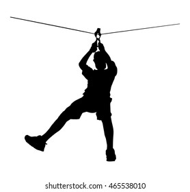 Extreme sportsman took down with rope. Man climbing vector silhouette illustration, isolated. Rescue mountain unit. Sport weekend action in adventure park rope ladder. Ropeway for fun, team building.