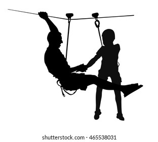 Extreme sportsman took down with rope. Man climbing vector silhouette illustration, isolated. Rescue firework unit. Sport weekend action in adventure park rope ladder. Ropeway for fun, father and son.