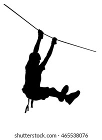 Extreme sportsman took down with rope. Man climbing vector silhouette illustration, isolated. Rescue mountain unit. Sport weekend action in adventure park rope ladder. Ropeway for fun, team building.