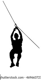 Extreme sportsman took down with rope. Man climbing vector silhouette illustration, isolated. Rescue mountain unit. Sport weekend action in adventure park rope ladder. Ropeway for fun, team building.