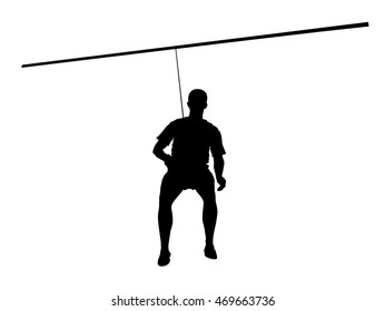 Extreme sportsman took down with rope. Man climbing vector silhouette illustration, isolated. Rescue mountain unit. Sport weekend action in adventure park rope ladder. Ropeway for fun, team building.