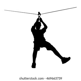 Extreme sportsman took down with rope. Man climbing vector silhouette illustration, isolated. Rescue mountain unit. Sport weekend action in adventure park zip line. Rope way for fun, team building.