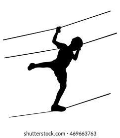 Extreme sportsman took down with rope. Man climbing vector silhouette illustration, isolated. Rescue mountain unit. Sport weekend action in adventure park rope ladder. Ropeway for fun, team building.