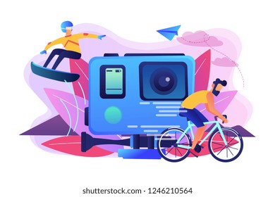 Extreme sportsmen riding a bike and snowboarding, participating in dangerous event. Extreme tourism, shock tourism, extreme industry events concept. Bright vibrant violet vector isolated illustration