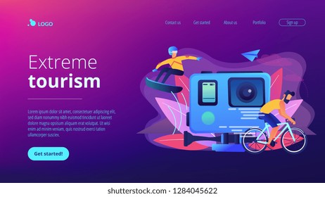 Extreme sportsmen riding a bike and snowboarding, participating in dangerous event. Extreme tourism, shock tourism, extreme industry events concept. Website vibrant violet landing web page template.